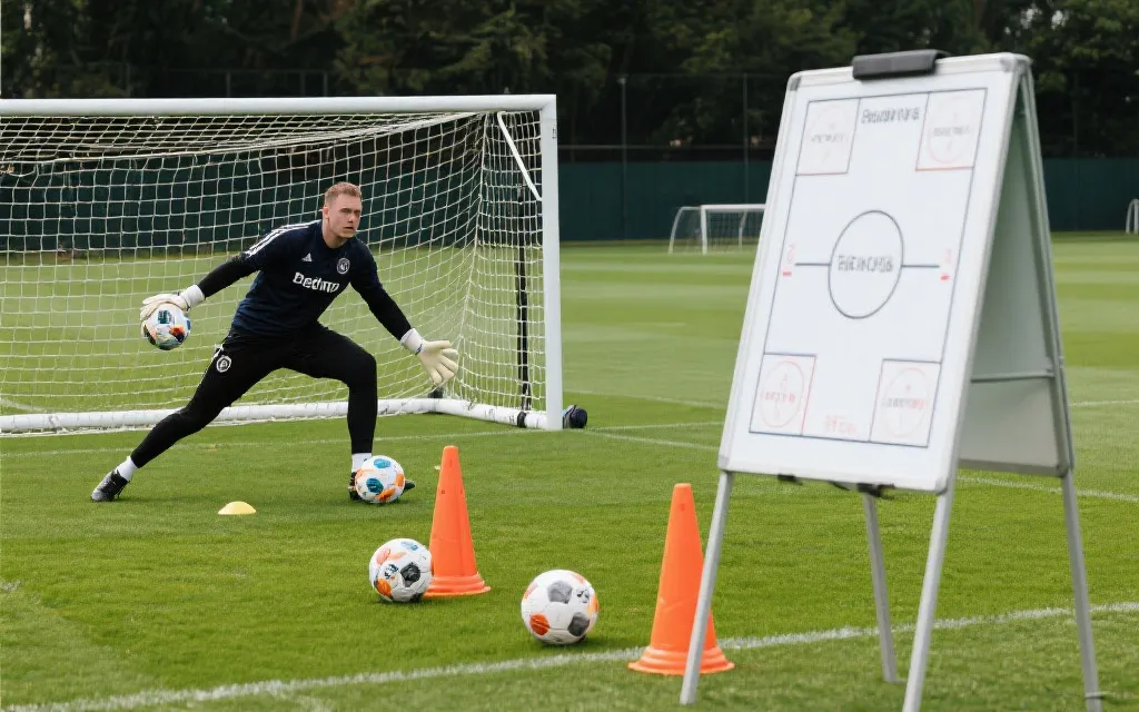 现代门将训练场景：脚下出球、反应训练与战术板结合的视觉概念图